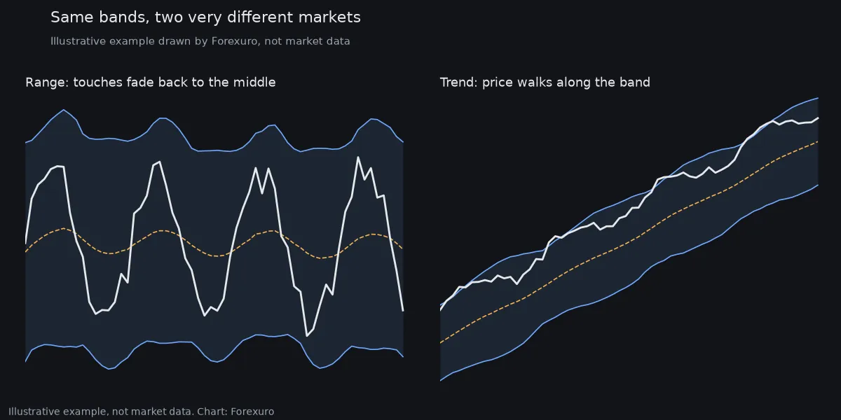 Illustrative diagram with two panels: in a range, price touches the upper and lower bands and returns to the middle band; in a trend, price keeps running along the upper band while the middle band rises